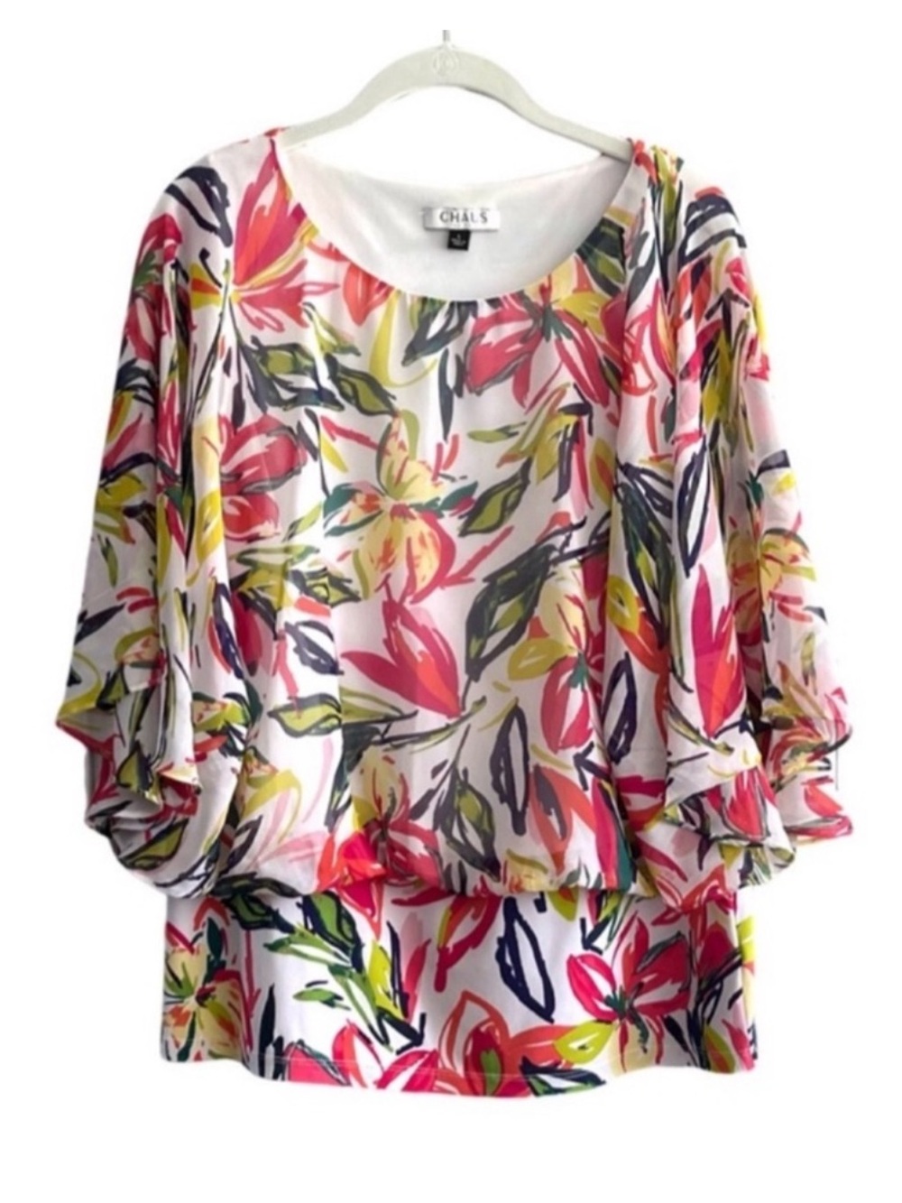 Chaus Chiffon Overlay Blouson Blouse Flounce Sleeve Green Pink Yellow Size L